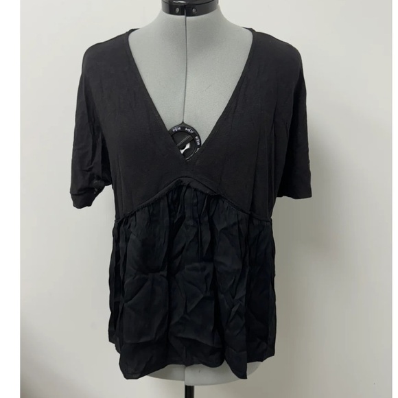 🥰2/$20 NEW ZARA Sz M Y2K Black Linen Cotton Babydoll Empire Waist Boho Blouse - Picture 2 of 9